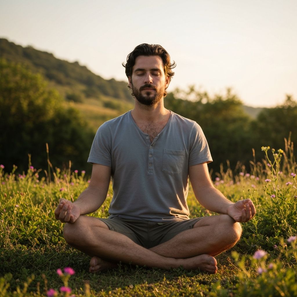 A man in meditation posture in serene natural setting, demonstrating mindfulness practice