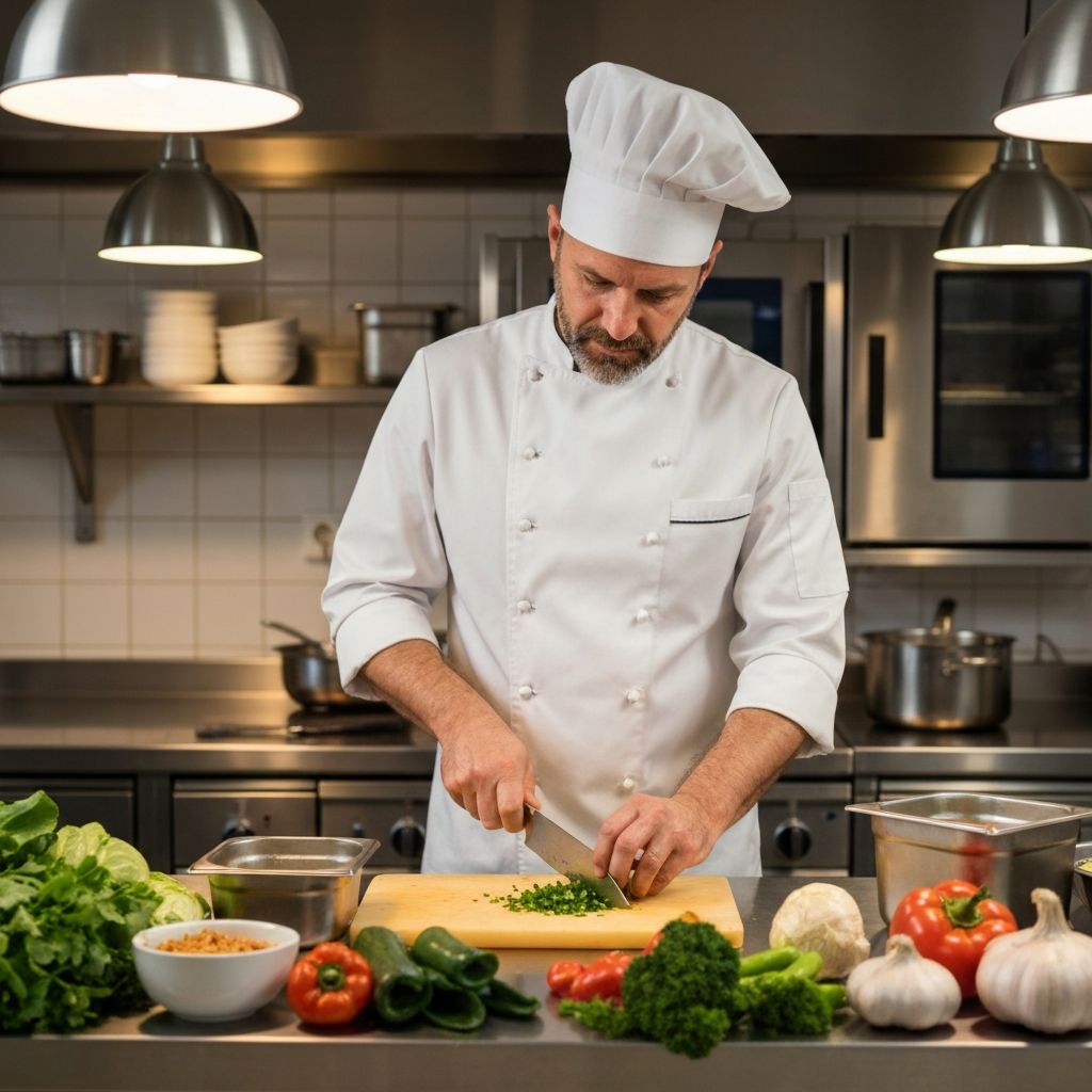 Chef preparing healthy meal with fresh ingredients, representing practical nutrition knowledge
