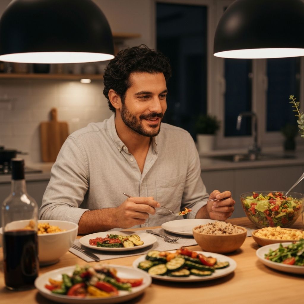 Man at dinner table with healthy food, representing the cultural and practical dimensions of conscious eating